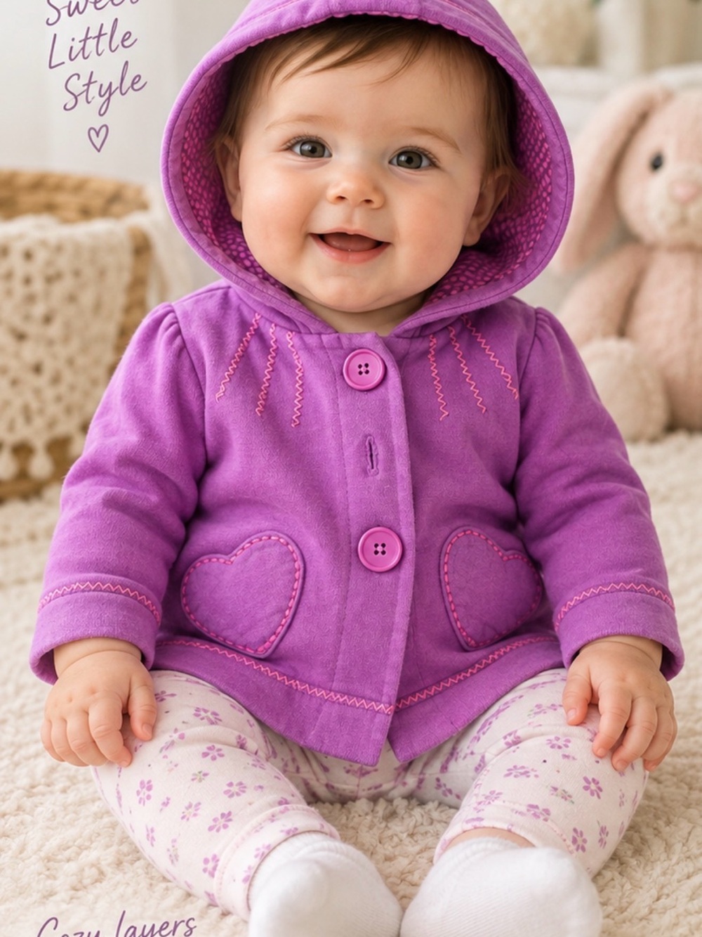 Mothercare Baby Girl 0–3M Purple Hooded Jacket Heart Pockets Cozy Fleece